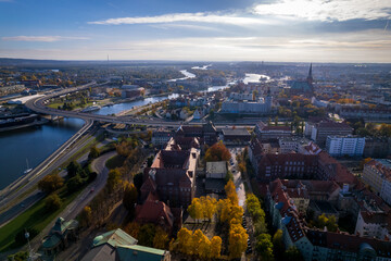 Szczecin from a bird's eye view on a sunny day. View of the city from the Oder River. City...