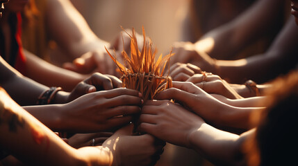 A group of people  holding hands together - obrazy, fototapety, plakaty