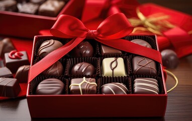 Obraz na płótnie Canvas Luxurious box of assorted chocolates with a red ribbon