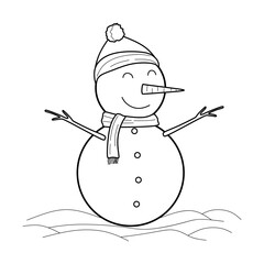 Hand drawn Snowman in a hat and scarf on snow. Sketch of happy smiling snowman isolated on white background. Funny Christmas character in doodle style. Winter vector illustration