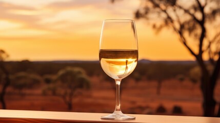 Obraz premium Glass of white wine on table in vineyard at sunset, South Australia. Australian wine concept.