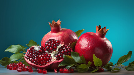 Pomegranate openned on turquoise background	