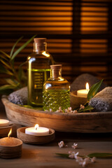 Obraz na płótnie Canvas Beauty spa treatment composition with aroma oils, candles and towels on dark background