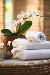 Fototapeta na wymiar Beauty spa treatment composition with towels and flowers