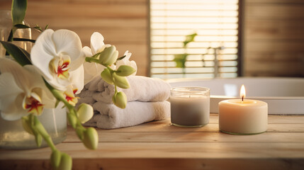 Obraz na płótnie Canvas Beauty spa treatment composition with towels and flowers