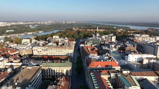 Aerial Drone view of Belgrade, capital of Serbia. Downtown morning in twilight. Center of Belgrade Danube, Sava rivers