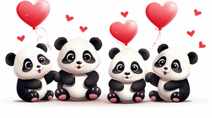 Cute panda family with balloons and hearts. Vector illustration.