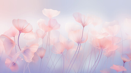 Delicate, ethereal background with gentle pastel pink flowers, blurred watercolor effect