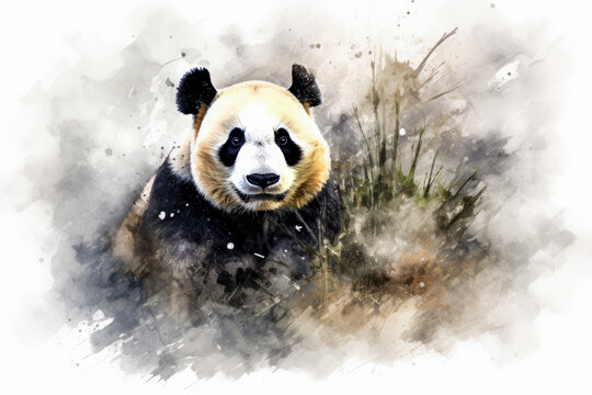 Watercolor painting of a giant panda in the wild nature.