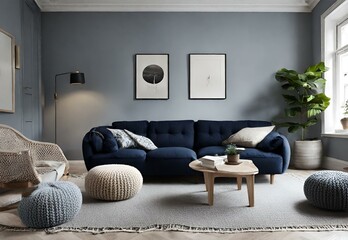 A Scandinavian living room with knitted poufs and a dark blue corner sofa. Generative AI