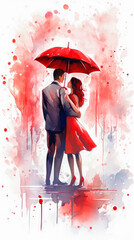 Romantic couple in love under an umbrella. Watercolor painting.