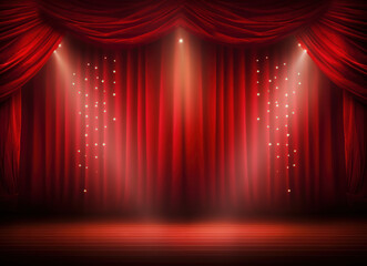Red stage curtains with blazing lights.