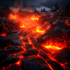 A fiery abyss unveils its wrath, as molten lava erupts in a cataclysmic explosion