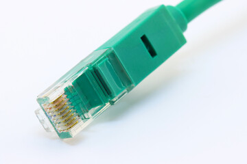 RJ45 connector for connecting an Ethernet signal. On a white background, close-up.