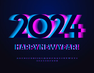 Vector modern Greeting Card Happy New Year 2024! Bright Unique Font. Futuristic neon Alphabet Letters and Numbers