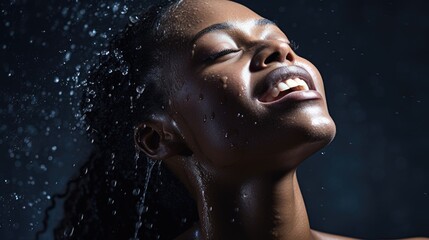 Fototapeta na wymiar Portrait of a young woman with water splashing on a dark background, concept of beauty and skincare