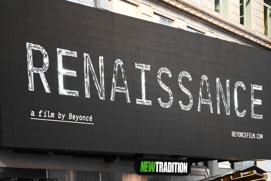 New York, NY - November 23, 2023: Renaissance a film by Beyonce promotional billboard for world tour documentary movie on theater near Times Square
