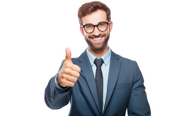 A happy businessman in a suit giving a thumbs-up, portraying job satisfaction and success.