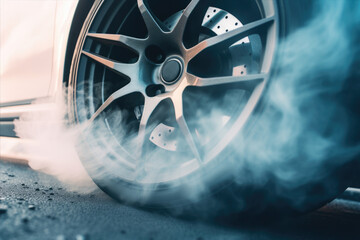 car in motion, its alloy wheels spinning with blurred perfection during a controlled drift.