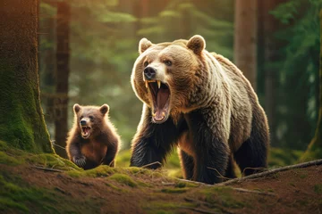 Foto op Canvas In the heart of the summer taiga, a mother bear fiercely snarls, protecting her family of adorable cubs from potential danger in the wild. © EdNurg