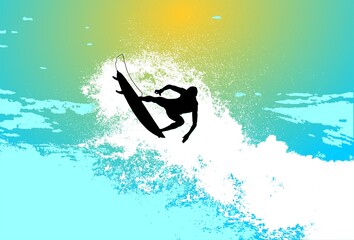 silueta, mujer, deporte, ilustración, acuático, surfer