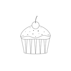 Muffin with cherry. Cupcake isolated on white background. Vector illustration in line art style