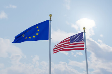 The flag of the European Union with the flag of the United States of America, commercial and political relations between Europe and America