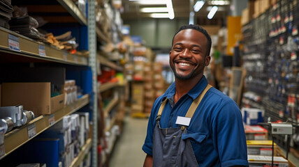 Fototapeta na wymiar Portrait of a smiling worker in uniform standing at the workplace. warehouse worker in front of the camera.