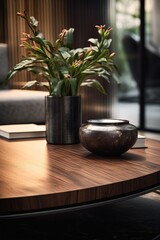 coffee table vase book young exquisite perfect rich woodgrain crisp textures line sleek intimate moody rotunda - obrazy, fototapety, plakaty
