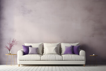 Interior of modern living room with purple pillows, coffee table and pillows, 3d render