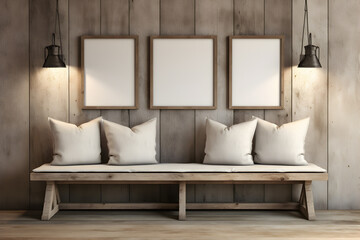 Wooden bench with pillows and frame mock ups in the living room
