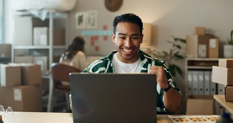 Happy asian man, laptop and fist pump in winning, success or sale for logistics at retail boutique. Excited male person or small business owner in celebration for online purchase, order or deal