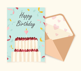 Birthday postcard concept. Greting and invitation card with letter and envelope. Cake with candle and colorful ribbons. Cartoon flat vector illustration isolated on white background