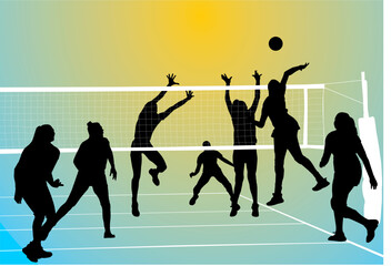 silueta, gente, vector, baile, deporte, voleibol, bola, salto