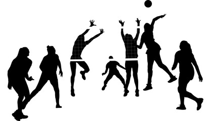 silueta, gente, vector, baile, deporte, voleibol, bola, salto