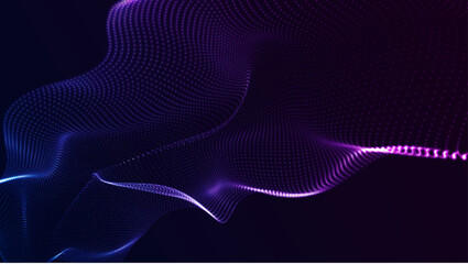 Abstract blue wave background with particles moving in space. Technology illustration. Futuristic modern dynamic wave. Vector illustration.