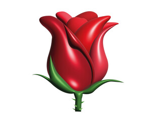 The isolated red rose flower icon with green stem and leaves on transparent background