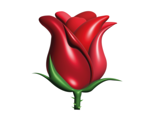 The isolated red rose flower icon with green stem and leaves on transparent background