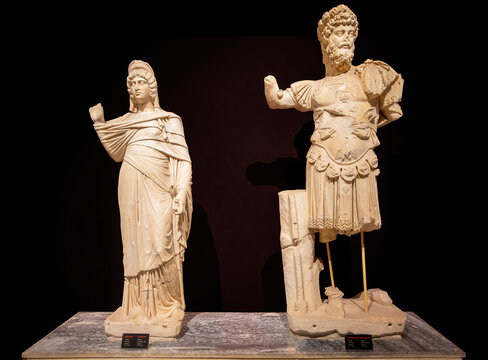 October 24, 2023, Antalya: Marble statue of Julia Domna and Emperor Seyerus in the gallery hall of Antalya Archaeological Museum during the excavations of the Ancient City of Perge..​
