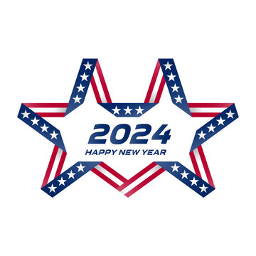 Flyer with USA flag colors and symbols. Original star for a greeting card. Happy New Year 2024.
