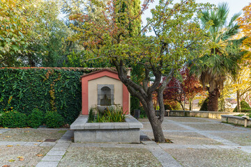Fountain in the Calisto and Melibea garden in the city of Salamanca, in Spain.