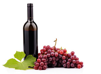 Red wine bottle with wine grapes isolated on white background, Generated with Generative Ai technology.