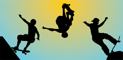 Obraz premium silueta, vector, gente, deporte, brincar, skate
