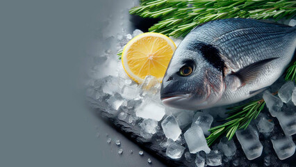 Fresh sea bream on a gray ice background with lemon and rosemary