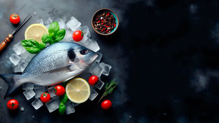 Fresh sea bream on a dark ice background with lemon and tomatoes