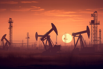 Oil drill rig and drilling derrick. Crude oil Pumpjack on oilfield on sunset. Fossil crude extraction. Global crude oil Prices, petroleum demand OPEC+. Oil prices on global market. Pump jack, oilfield - obrazy, fototapety, plakaty