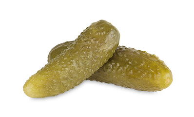 Two marinated pickled cucumbers isolated on white background