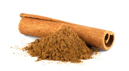Cinnamon sticks and heap of powder isolated on white background,
