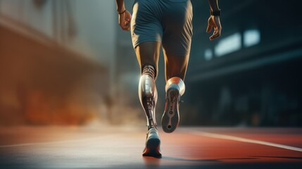 an athlete running through the stadium on a sunny day without legs on prosthetics participates in the Olympic Games. concept: sport, paraolypism, Olympic games, strength, fortitude
