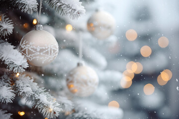 Obraz na płótnie Canvas White Snowy Christmas Tree With Ornaments and Lights